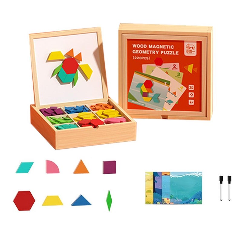 Brain Blocks, Tangram Puzzle Set, Magnetic Geometric Pieces, Double-Sided Board, Wooden Storage Box, 220 Pieces and Challenge Cards, for Creative Learning and Skill Development - Image 1